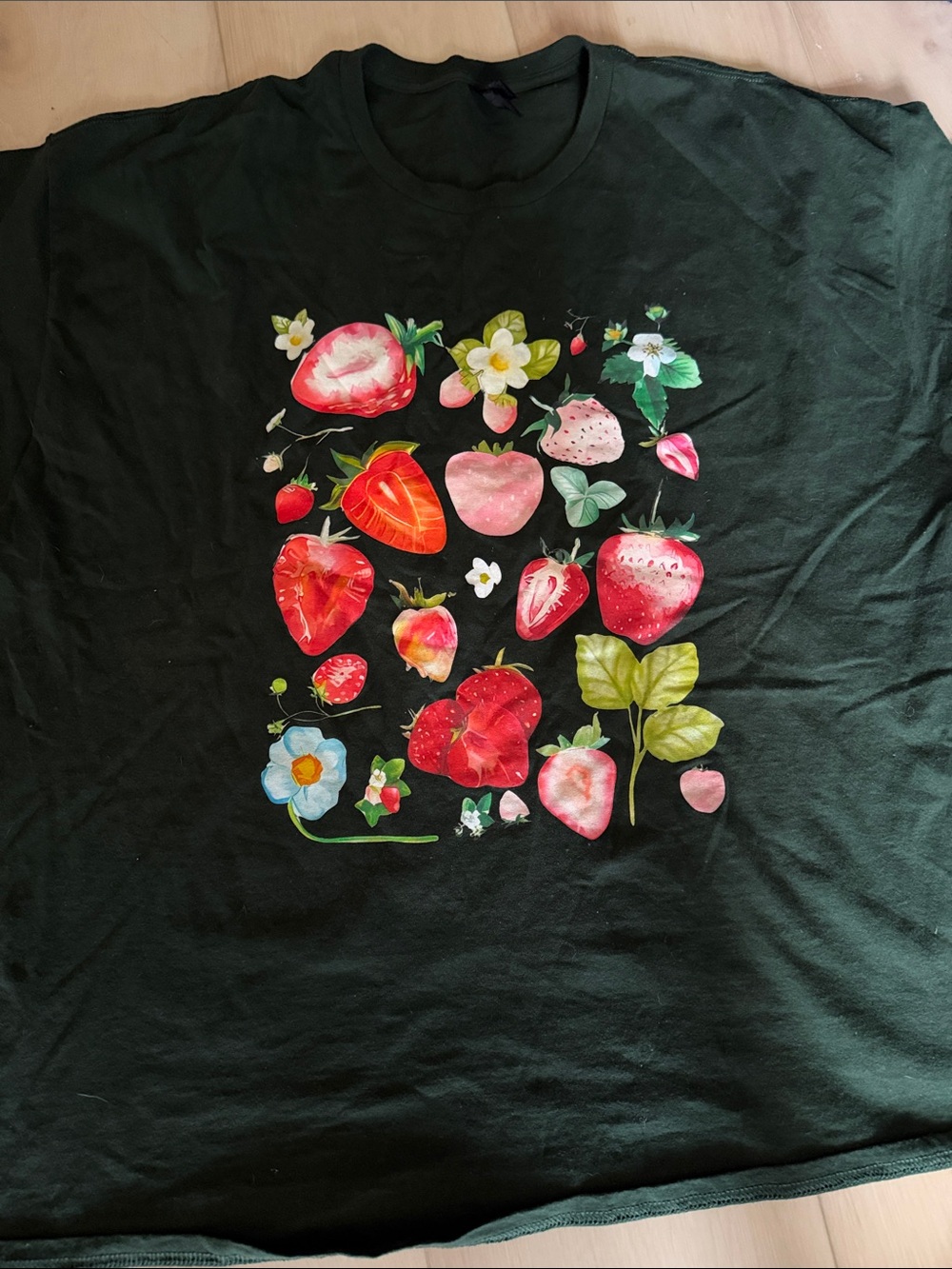 Gildan Black Tee with Red Strawberry and Pink Heart Motif